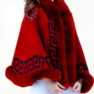 Burgundy Wine Fur Trimmed Poncho Wrap Sweater Cape Shrug Coat💞👗🎽👖👜💞👠💕